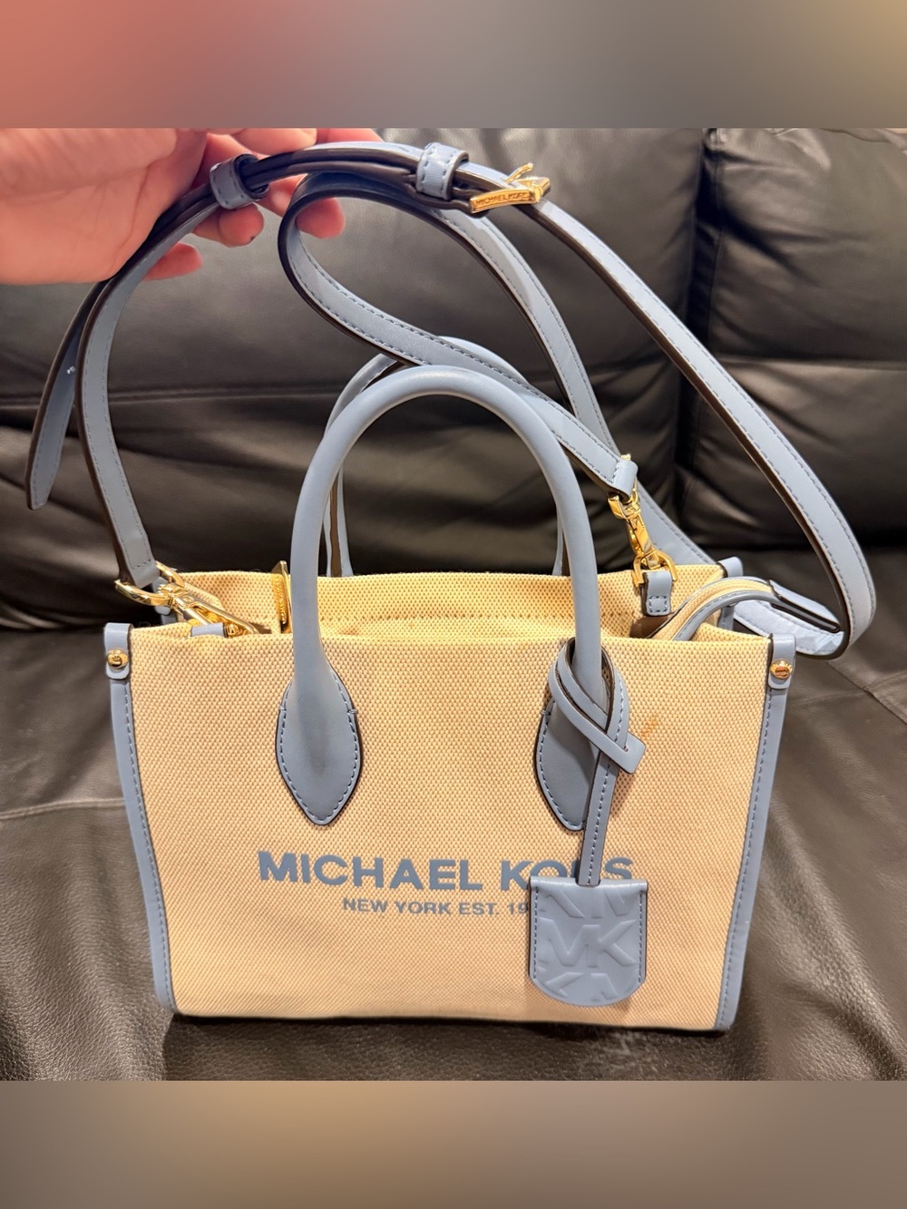 Michael Kors Mirella Small Shopper Crossbody – Beige Canvas / Chambray Blue